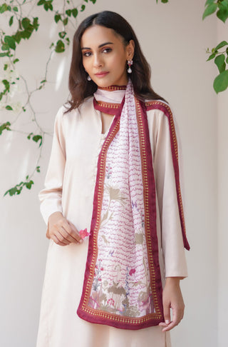 Manto Women's Stitched 1 Piece Crepe Silk Beige & Maroon Khwahish Stole Featuring Poetry of Behzad Lucknavi