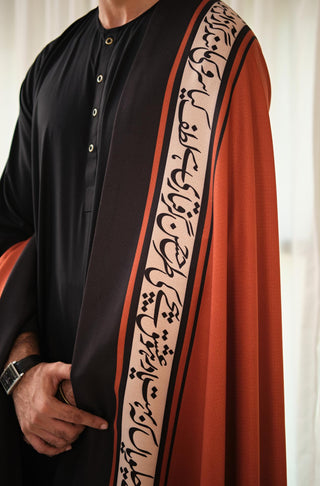 Shop manto, wear manto pakistani clothing brand ready to wear rust hayaat unisex shawl with urdu poetry featuring poetry by Mir Taqi Mir