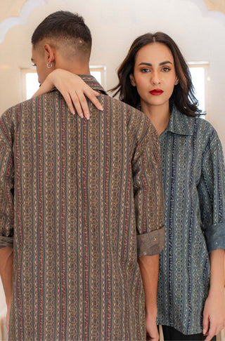 Manto Unisex Ready to Wear Front Open Button Down Kaavish Overshirt Teal Blue Featuring Poetry of Jigar Murad Abadi