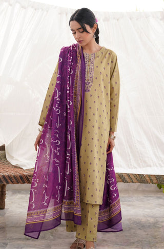 Manto Women's Ready to Wear Printed 1 Piece Dark Purple Qadr Dupatta Featuring Urdu Calligraphy of Poetry by Nida Fazli Paired with Matching 2 Piece Olive Green Qadr Co-ord Set