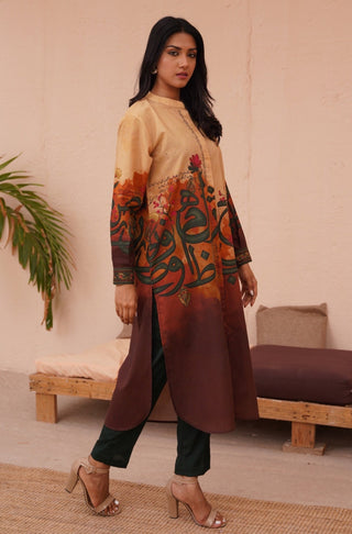 Manto Women's Ready To Wear 1 Piece Lawn Cotton Front Open Button Down Long Shirt Kurta Shades of Forest Calligraphed with Random Urdu Letters