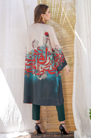Manto Women's Ready To Wear 1 Piece Crepe Silk Outerwear Front Open Long Noor Shrug Cape Shades of Forest Calligraphed with Random Urdu Letters
