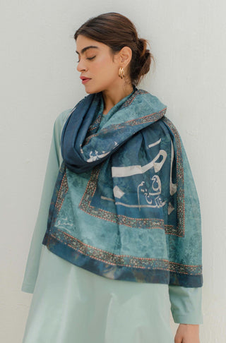 Shopmanto, Pakistani urdu calligraphy clothing brand, wear manto ready to wear women shades of sea teal blue falak swiss lawn hijab friendly printed urdu scarf