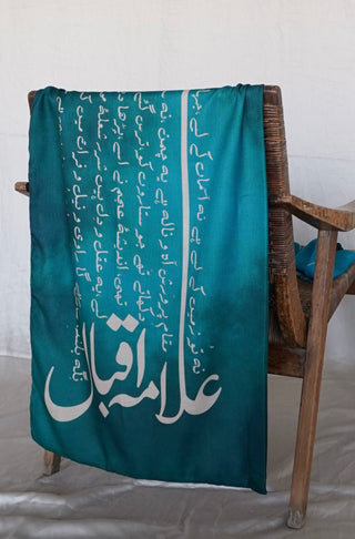 Manto Women's Stitched 1 Piece Textured Material Winter Karvaan Stole Teal Blue Featuring Calligraphy & Poetry of Allama Iqbal