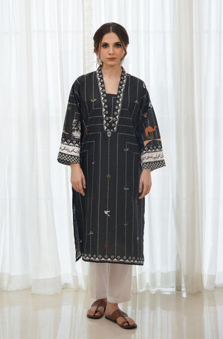 Manto Women's Black Manzar Kurta Made from Premium Lawn featuring Urdu Calligraphy paired with White Straight Pants