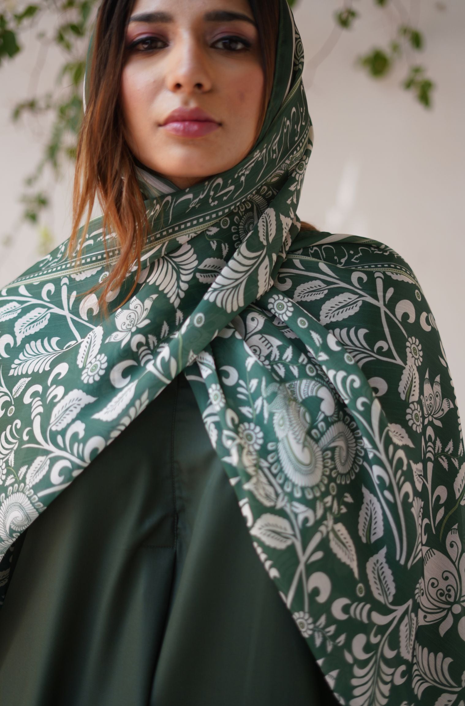 Manto Women's Stitched 1 Piece Crepe Silk Forest Green Nayaab Scarf Featuring Words of Altaf Hussain Hali