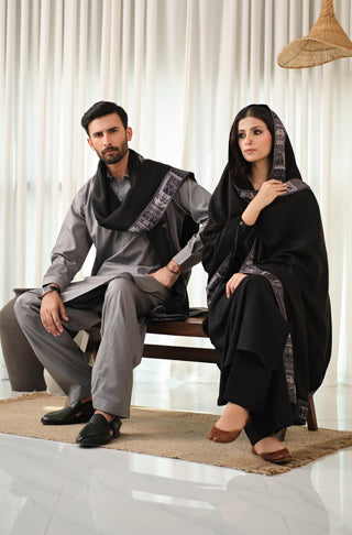 Manto Women's Stitched 1 Piece Manzil Shawl Black Featuring Urdu Calligraphy of Poetry by Allama Iqbal