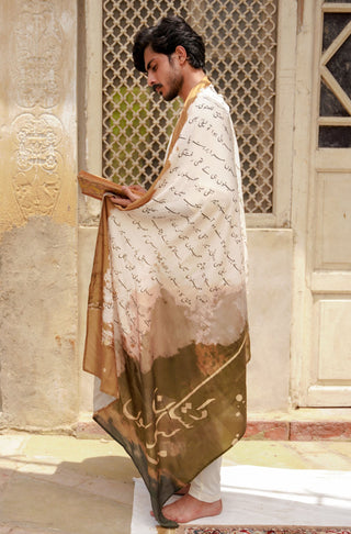 Manto Women's Stitched 1 Piece Cotton Silk Beige Khat Odhni Featuring Illustrating the Story of Layla Majnu