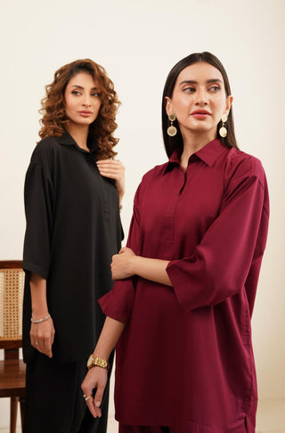 Raya Solid Black and Red Co-ord set is made from ultra-soft wash and wear material featuring short shirt with collar and placket details and shalwar with relaxed fit