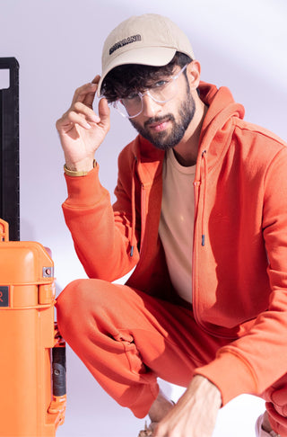 Manto Unisex Triple Layer Premium Fleece Rust Orange Front Open Zipper Sweatshirt Hoodie with Zip & Manto Logo with Matching Rust Orange Jogger Pants