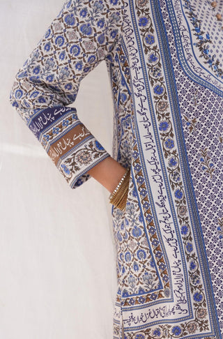 Shopmanto, wear manto pakistani clothing brand, manto ready to wear women one piece blue gul-e-jahaan long printed urdu lawn kurta featuring poetry of allama iqbal calligraphed through out the kurta