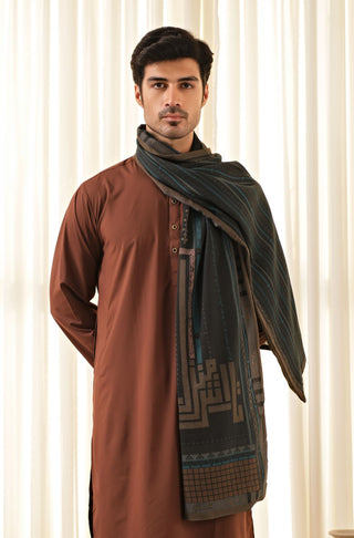 Man Wearing Manto's Unisex Double Sided Teal Talaash-e-manzil Stole featuring Urdu Calligraphy