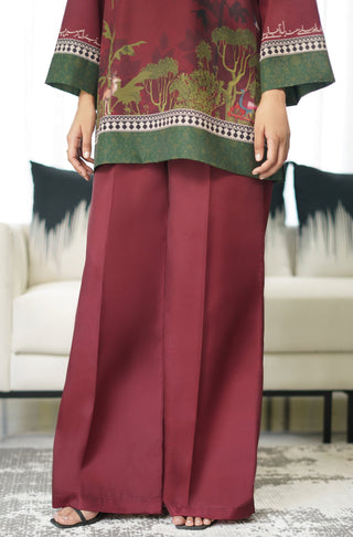 Manto Women's Stitched Crepe 2 Piece Matching Maroon Khwahish Co-ord Set, with Short Shirt Kurta & WIde Leg Trouser Pants Featuring Poetry of Behzad Lucknavi