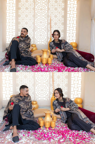 Manto Women's Ready To Wear 1 Piece Jacquard Front Open Outerwear Long Shah Jahan Coat Black & Beige Illustrating the Love Story of Shah Jahan & Mumtaz