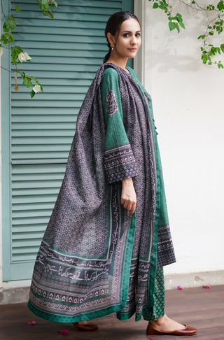 Manto Women's Stitched 1 Piece Swiss Lawn Uraan Green & Black Dupatta Calligraphed with Words of Kaif Moradaabadi