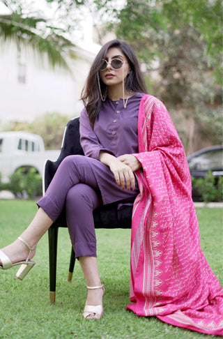 Manto Women's Ready to Wear 2 Piece Wash n wear Solid Deep Purple Lucknow (Women) Coord Set with Mid Length Kurta & Straight Trouser Pants Paired with Pink Sitaray Odhni