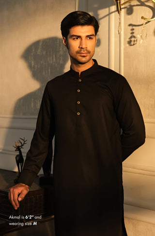 Manto Men's Jet-Black Sherwani Collar Kurta & Pajama Sets