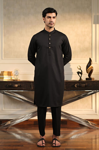 Manto Men's Jet-Black Sherwani Collar Kurta & Pajama Sets