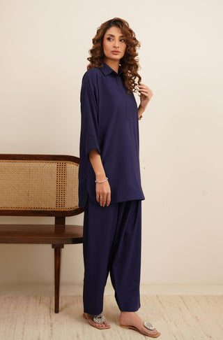 Raya Solid Blue Co-ord set is made from ultra-soft wash and wear material featuring short shirt with collar and placket details and shalwar with relaxed fit