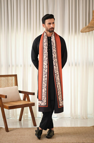 Shop manto, wear manto pakistani clothing brand ready to wear rustic orange hayaat unisex shawl with urdu poetry featuring poetry by Mir Taqi Mir