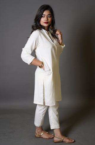 Manto Women's Ready to Wear 2 Piece Solid Cloud White Lucknow (Women) Coord Set with Mid Length Kurta & Straight Trouser Pants