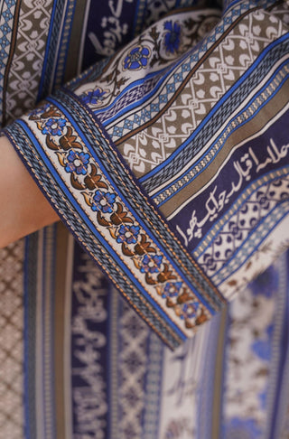 Shopmanto, wear manto pakistani clothing brand, manto ready to wear women one piece blue gulistan stripes long printed urdu lawn kurta featuring poetry of allama iqbal calligraphed through out the kurta