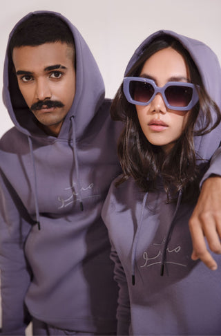 Manto, Pakistan's Most Comfy Ready to Wear Unisex Triple Layered Premium Fleece Ash Lavender Pullover Hoodie with Urdu Manto Logo & Hood Paired with Ash Lavender Jogger Pants