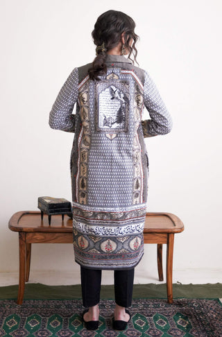 Manto Women's Ready To Wear 1 Piece Front Open Virsa Khaddar Long Coat Black Featuring Urdu Calligraphy of Poetry by Allama Iqbal & Illustration of National Elements of Pakistan