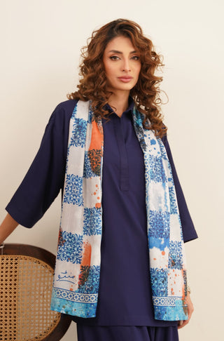 Manto Women's Stitched Double Sided Crinkle Silk Riwayat Urdu Stole Blue & White