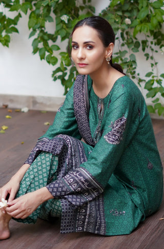 Manto Women's Stitched 1 Piece Swiss Lawn Uraan Green & Black Dupatta Calligraphed with Words of Kaif Moradaabadi