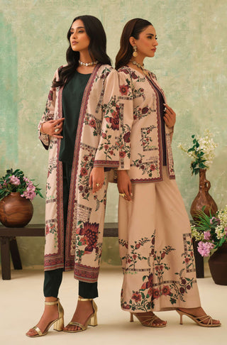 Women's Floral Printed Beige Outerwear Shrug & Coat Paired with Inner & Straight Pants