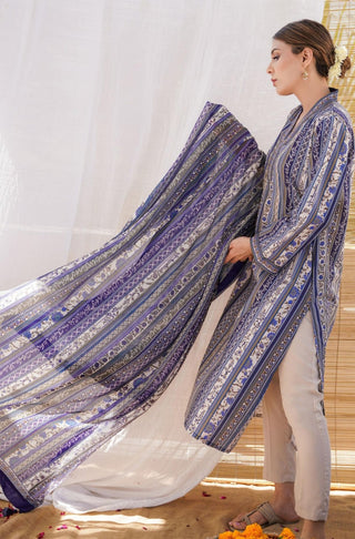 Shopmanto, wear manto pakistani clothing brand, manto ready to wear women one piece printed swiss lawn blue gulistan stripes urdu dupatta odhni featuring poetry of allama iqbal calligraphed on dupatta