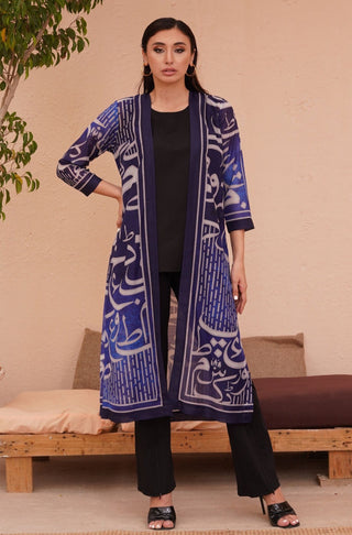 Shopmanto, wear manto pakistani clothing brand, manto ready to wear men women one piece front open long upper cape shaded blue huroof swiss lawn shrug calligraphed with random urdu letters