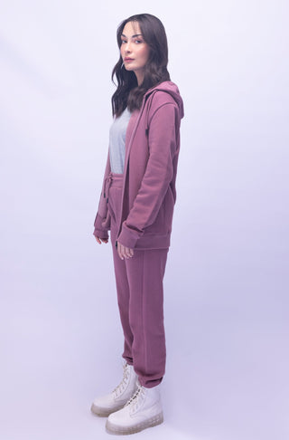 Manto Unisex Triple Layer Premium Fleece Mauve Pink Front Open Zipper Sweatshirt Hoodie with Zip & Manto Logo with Matching Jogger Pants