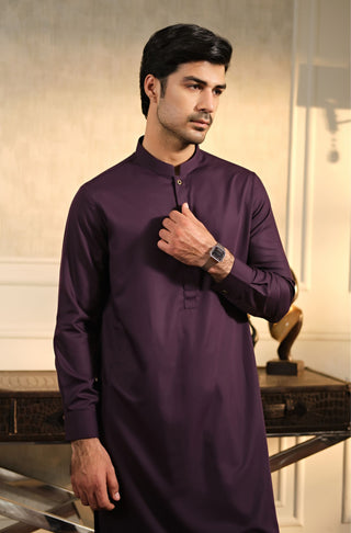 Manto Men's Deep Purple Sherwani Collar Kurta & Pajama Sets