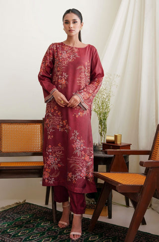 Shopmanto, Pakistani urdu calligraphy clothing brand, wear manto ready to wear women deep maroon chaman printed two piece matching crepe silk coord with long length kurta and straight tapered trouser pants