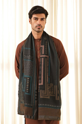 Man Wearing Manto's Unisex Double Sided Teal Talaash-e-manzil Stole featuring Urdu Calligraphy