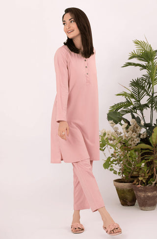 Manto Women's Ready to Wear 2 Piece Solid Soft Pink Lucknow (Women) Coord Set with Mid Length Kurta & Straight Trouser Pants