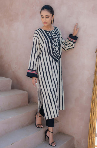 Manto Women's Ready To Wear 1 Piece Paheli Lawn Long Length Kurta Cream & Black Calligraphed with Random Urdu Letters