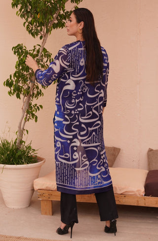 Shopmanto, wear manto pakistani clothing brand, manto ready to wear men women one piece front open long upper cape shaded blue huroof swiss lawn shrug calligraphed with random urdu letters