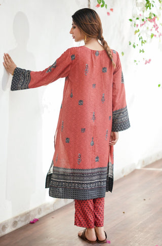 Manto Women's Stitched 2 Piece Matching Lawn Uraan Rust & Black Co-ord Set Calligraphed with Words of Kaif Moradaabadi