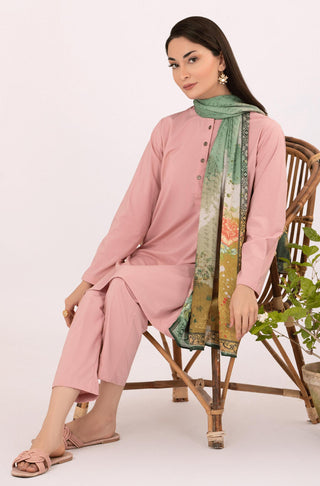 Manto Women's Ready to Wear 2 Piece Solid Soft Pink Lucknow (Women) Coord Set with Mid Length Kurta & Straight Trouser Pants Paired with Crinkle Silk Mastoor Scarf