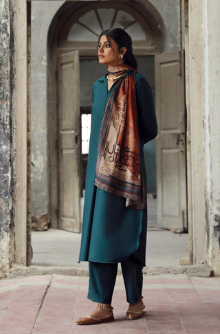 Shopmanto, Pakistani urdu calligraphy clothing brand, wear manto ready to wear women dasht rust crinkle silk scarf in rust color featuring poetry of allama iqbal