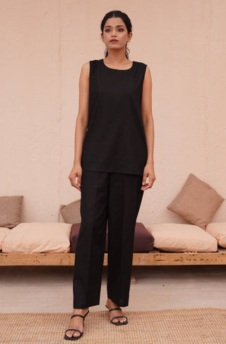 Manto Women's Ready To Wear Lawn 2 Piece Matching Sleeveless Co-ord Set Black with Short Sleeveless Shirt Kurti & Straight Trouser Pants