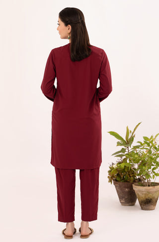 Shopmanto, Pakistani urdu calligraphy clothing brand, wear manto ready to wear women solid ruby red lucknow wash n wear two piece matching coord with mid length kurta and straight tapered trouser pants
