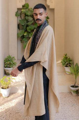 Manto Unisex Ready To Wear Acrylic Wool Outerwear Sehar Cape Beige & Green Featuring Random Urdu Words Calligraphy