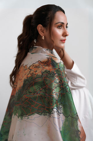 Manto Women's Stitched 1 Piece Crinkle Silk Pehchaan Scarf Illustrating the Map of Pakistan with Urdu Calligraphy of Poetry by Allama Iqbal