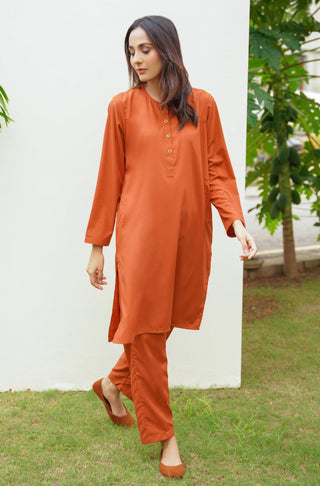 Manto Women's Ready to Wear 2 Piece Solid Burnt Orange Lucknow (Women) Coord Set with Mid Length Kurta & Straight Trouser Pants