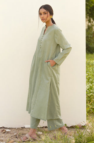 Manto Women's Ready to Wear 2 Piece Matching Solid Kalidaar Co-ord Set Sage Green with A-line Long Kurta & Straight Trouser Pants Made from BREEZE® Technology Butter Fabric