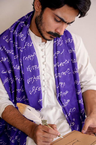 Shopmanto, wear manto pakistani clothing brand ready to wear men and women textured double sided indigo armaan stole muffler with urdu calligraphy featuring poetry of mirza ghalib, urdu winter stoles
